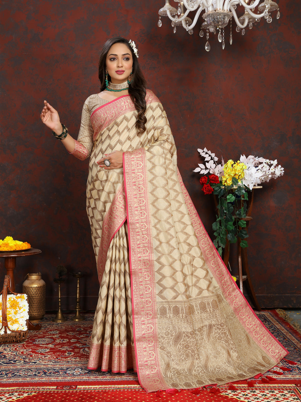 Luxurious beige silk saree with rich zari weaving, ideal for weddings and cultural celebrations.