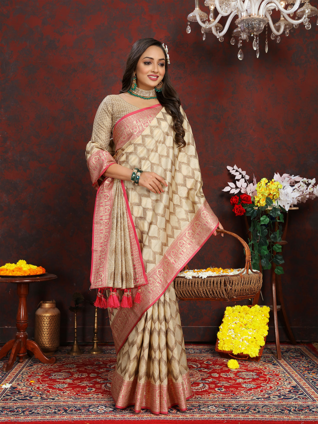 Timeless beige Katan silk saree with detailed zari work, perfect for formal occasions.