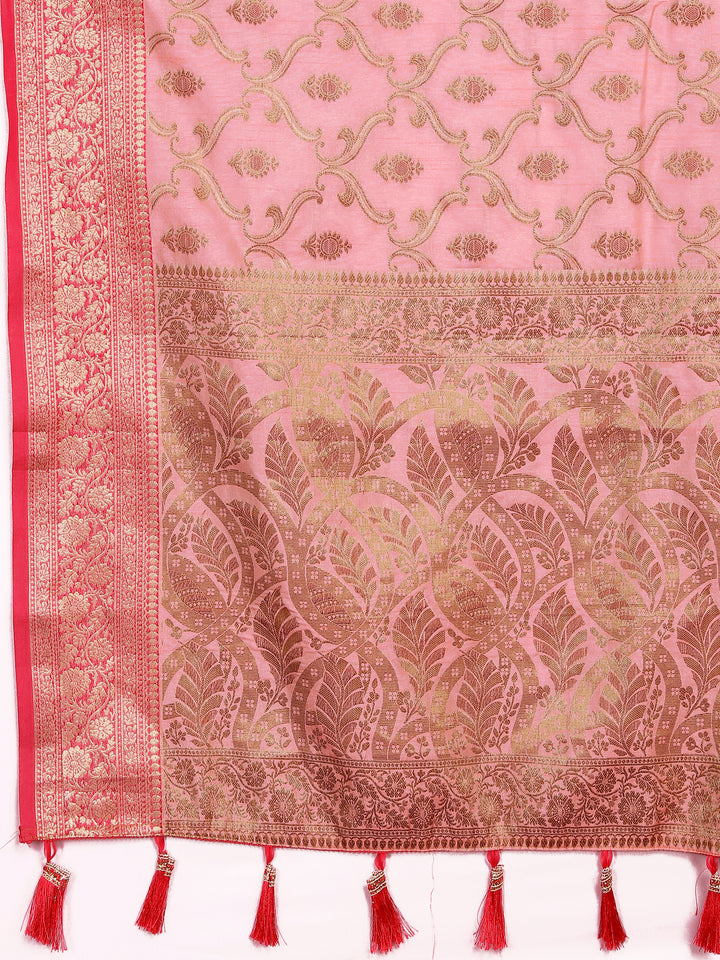 Stunning pink Katan silk saree with intricate zari work and tassels, perfect for festive and formal events.