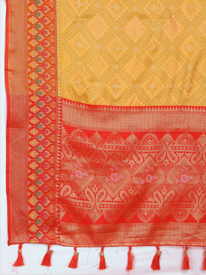 Luxurious yellow Meenakari Organza silk saree with intricate zari and pallu design, perfect for special occasions.