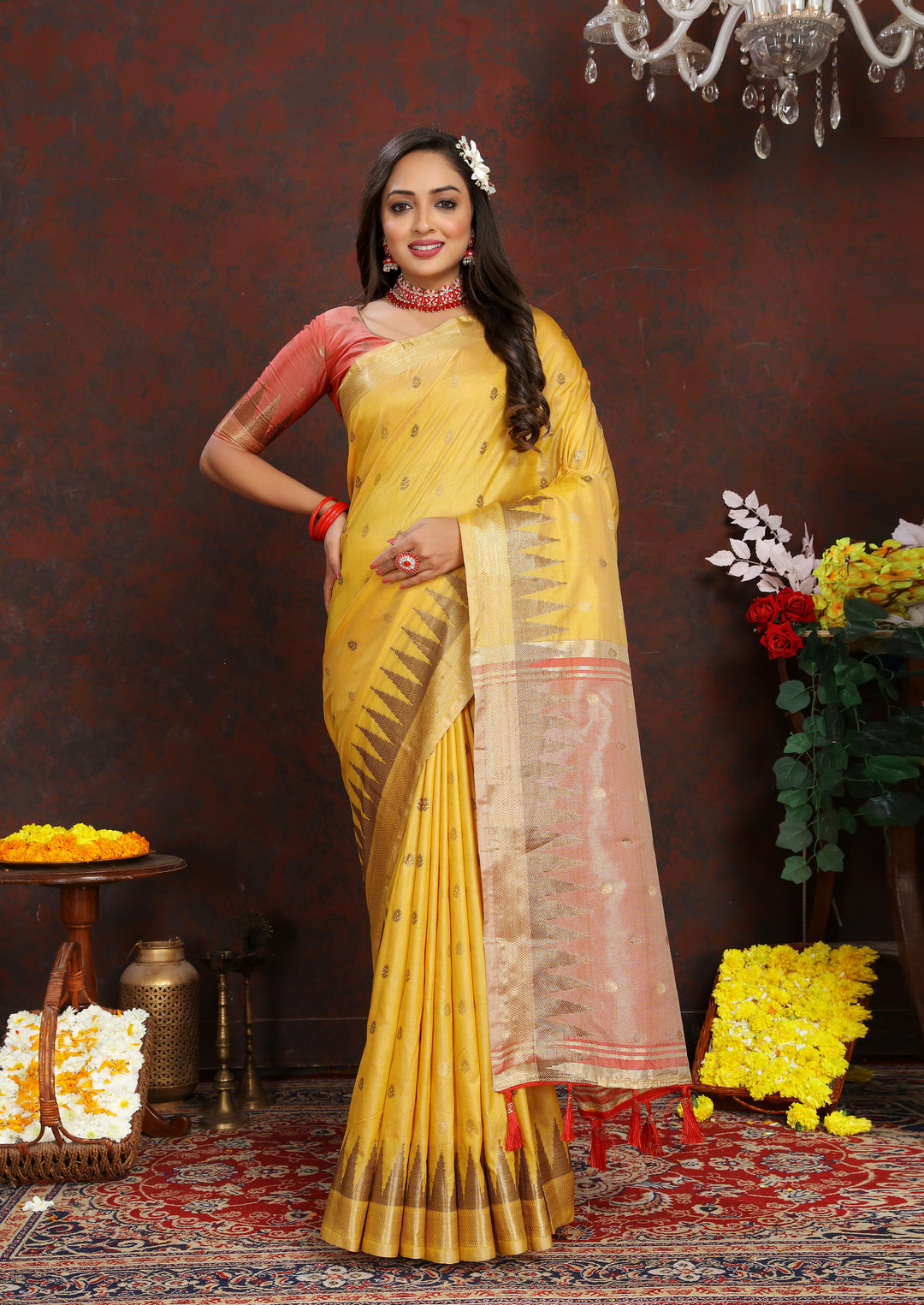 Vibrant Yellow Katan Silk Saree with exquisite zari weaving and pallu tassels for wedding celebrations.