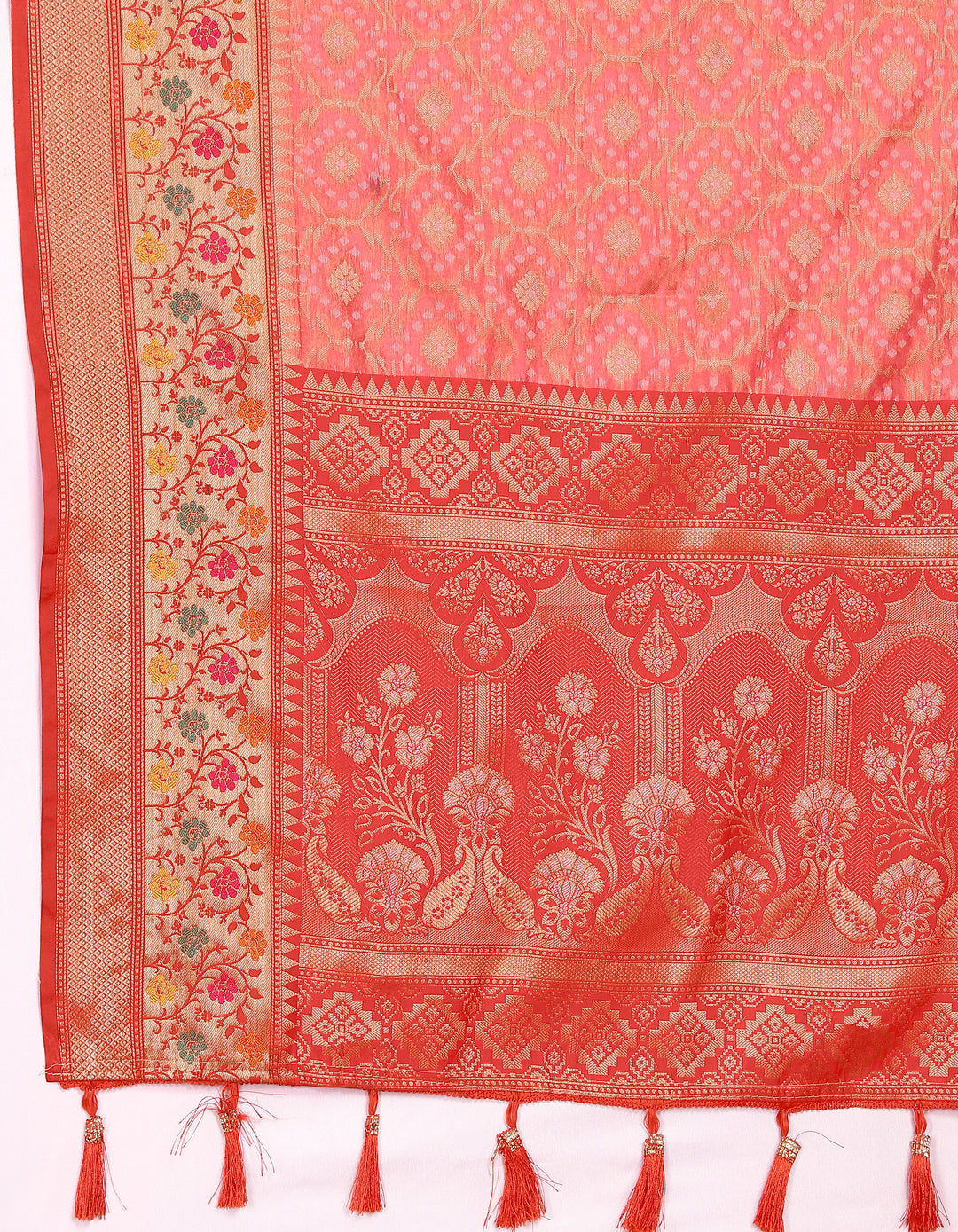 Elegant orange Meenakari saree with a zari border and tassels at the pallu, perfect for cultural celebrations.