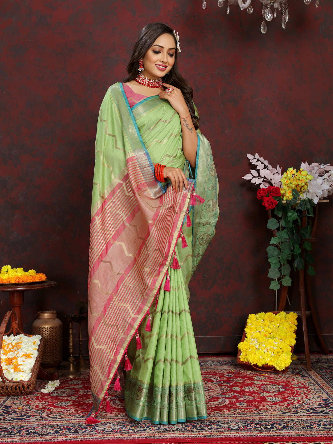 Timeless light-green silk saree featuring intricate zari weaving, ideal for weddings and cultural events.