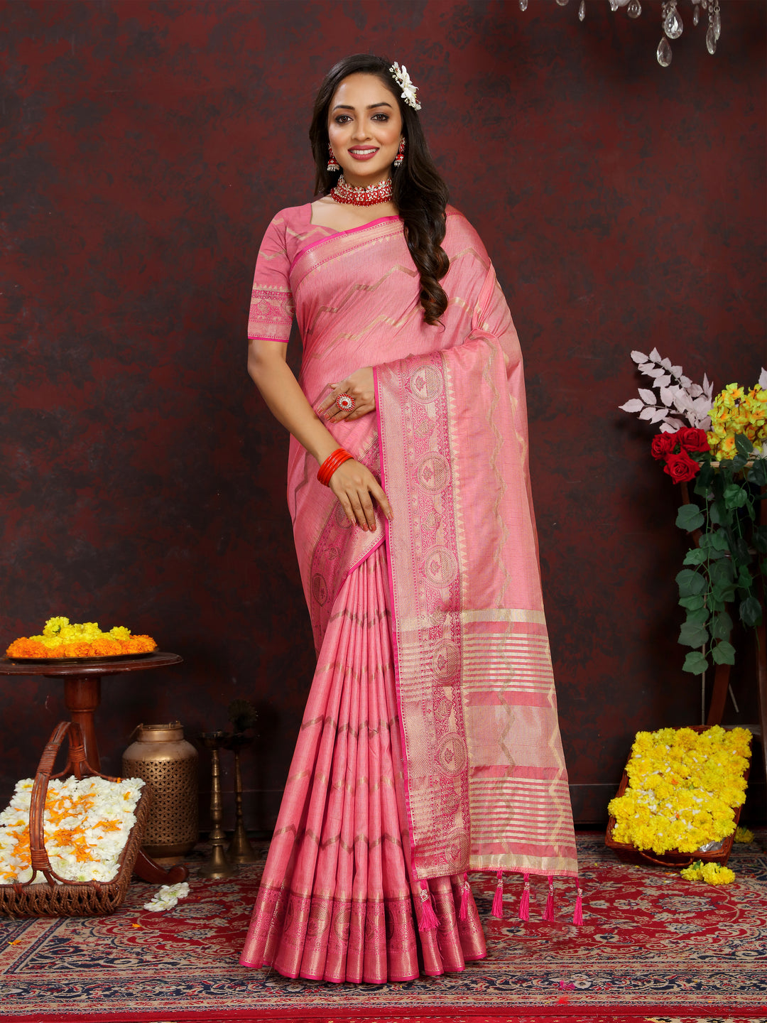 Timeless pink Katan silk saree with intricate zari work, ideal for grand occasions.