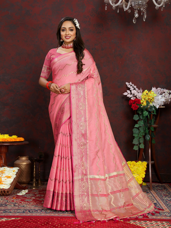 Designer pink silk saree with exquisite zari weaving, perfect for formal and festive events.