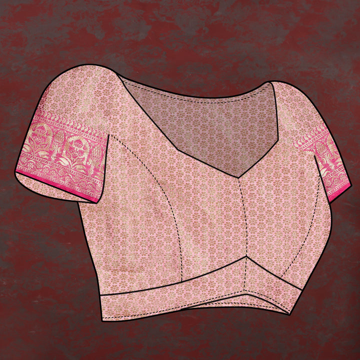 Traditional pink silk saree featuring detailed zari weaving, ideal for weddings and ceremonies.