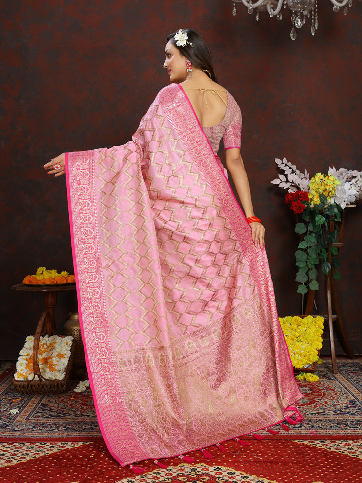 Pink Katan silk saree with beautiful zari weaving, perfect for bridal and festive events.