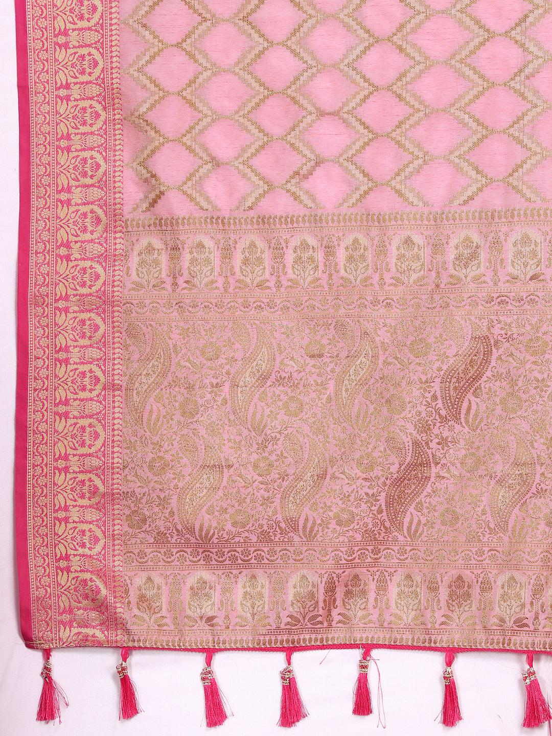 Luxurious pink Katan silk saree with intricate zari work, perfect for cultural celebrations.