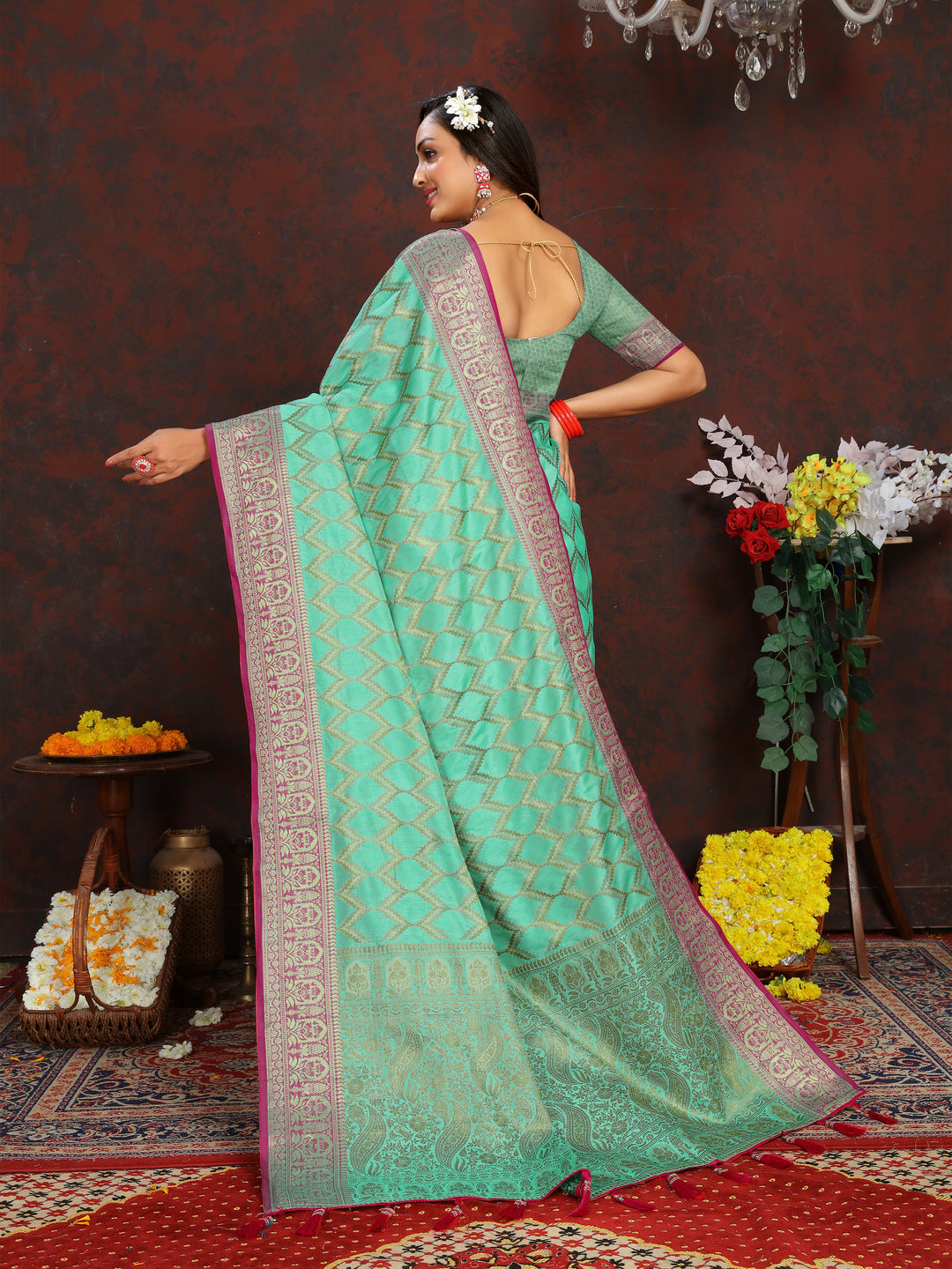 Yellow Katan silk saree with intricate zari weaving, perfect for weddings and formal events.