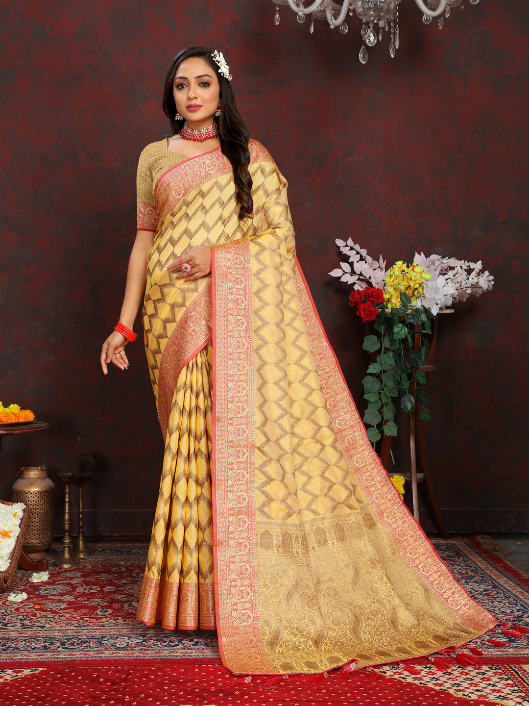 Traditional yellow silk saree with intricate zari weaving, ideal for cultural celebrations.