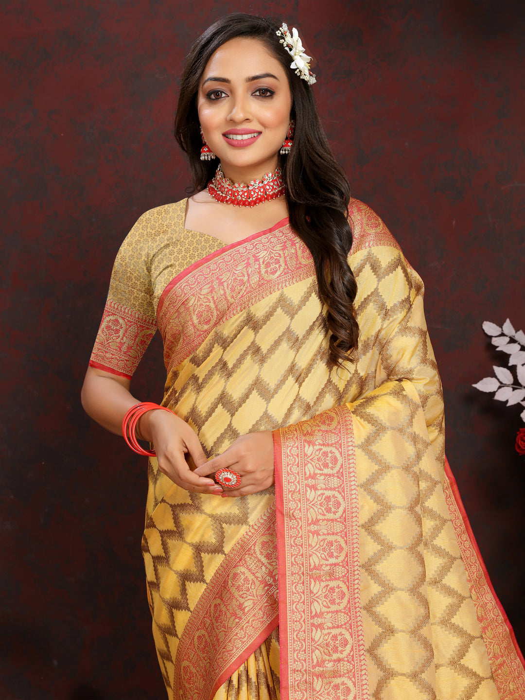 Yellow Katan silk saree with beautiful zari weaving, perfect for formal and festive occasions.