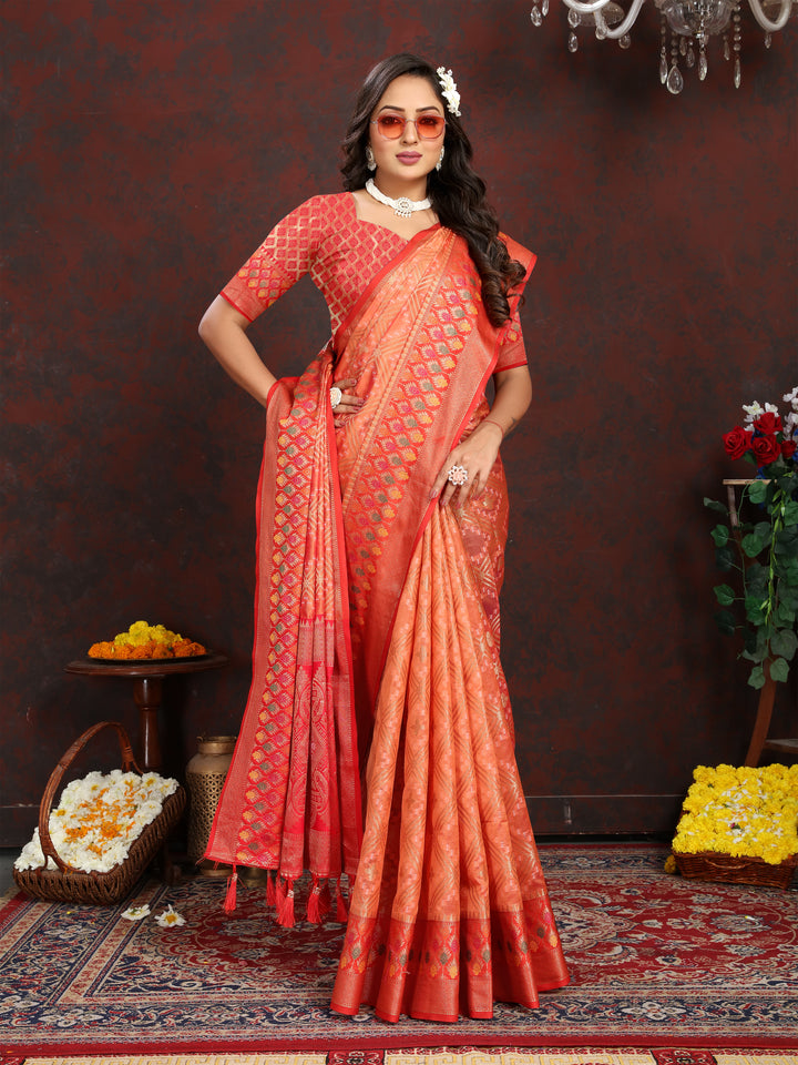 Designer orange Meenakari Organza silk saree with beautiful zari weaving, perfect for weddings.