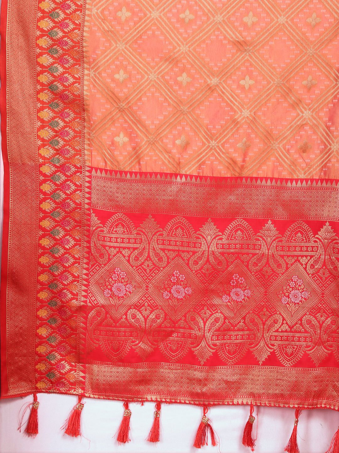 Elegant orange Organza silk saree with exquisite zari and Meenakari pallu design, perfect for festivals.