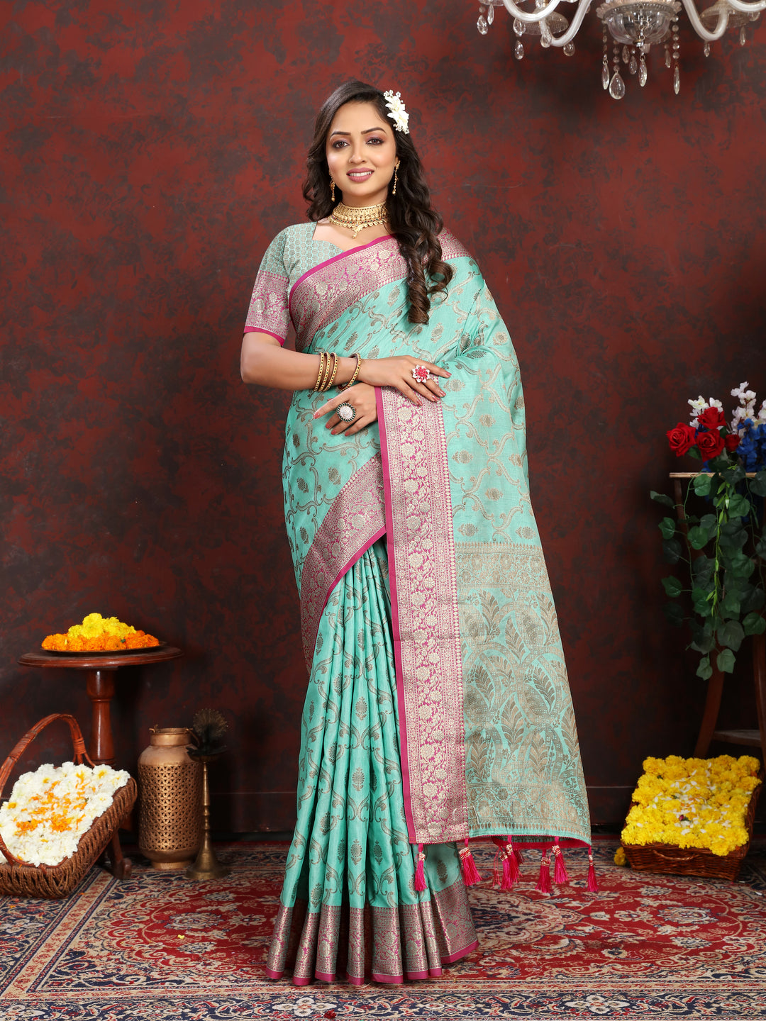 Elegant sea blue Katan silk saree with intricate zari weaving design and rich zari pallu, perfect for weddings.