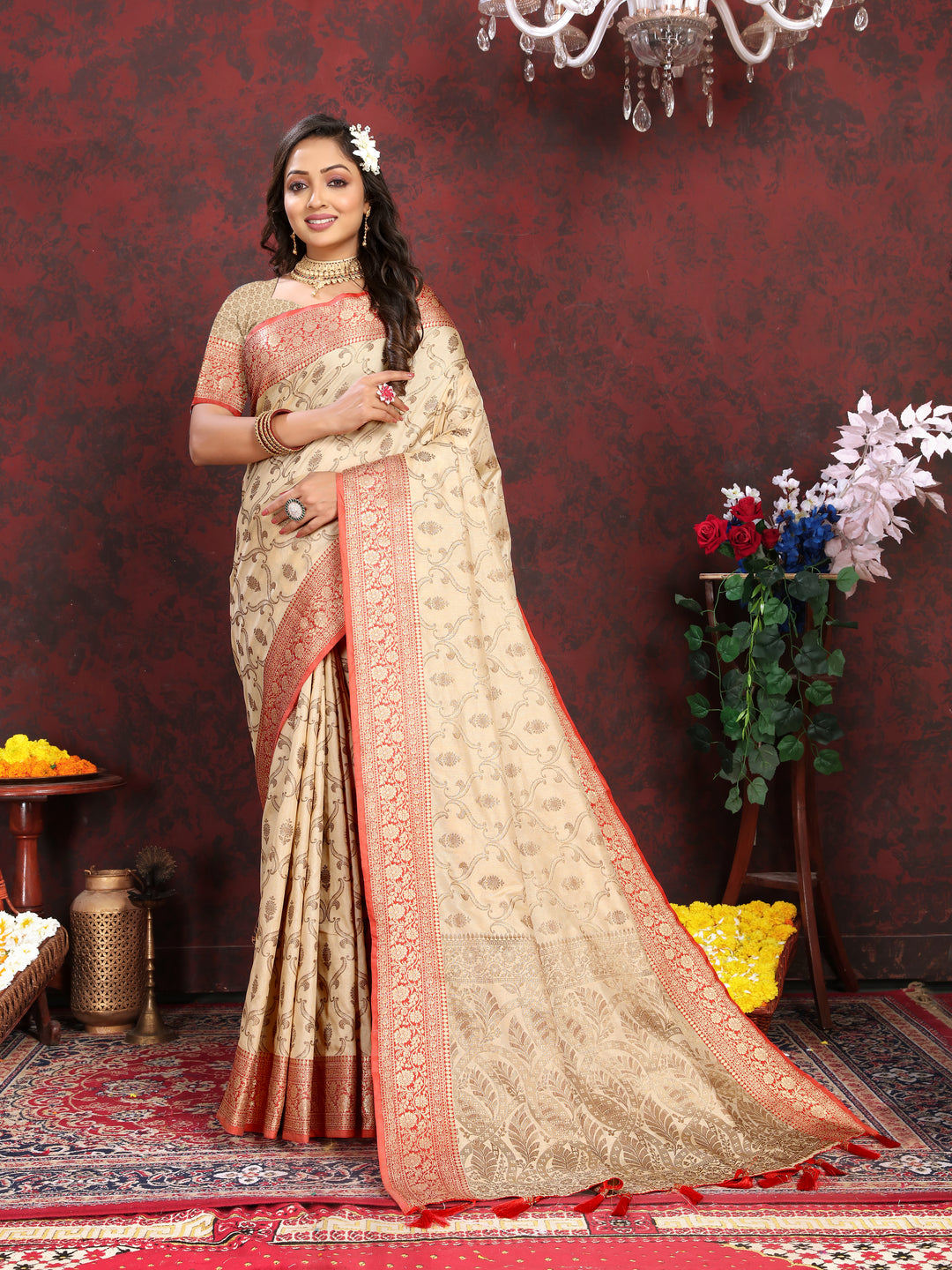 Elegant beige Katan silk saree with rich zari work and zari border, ideal for traditional and festive occasions.