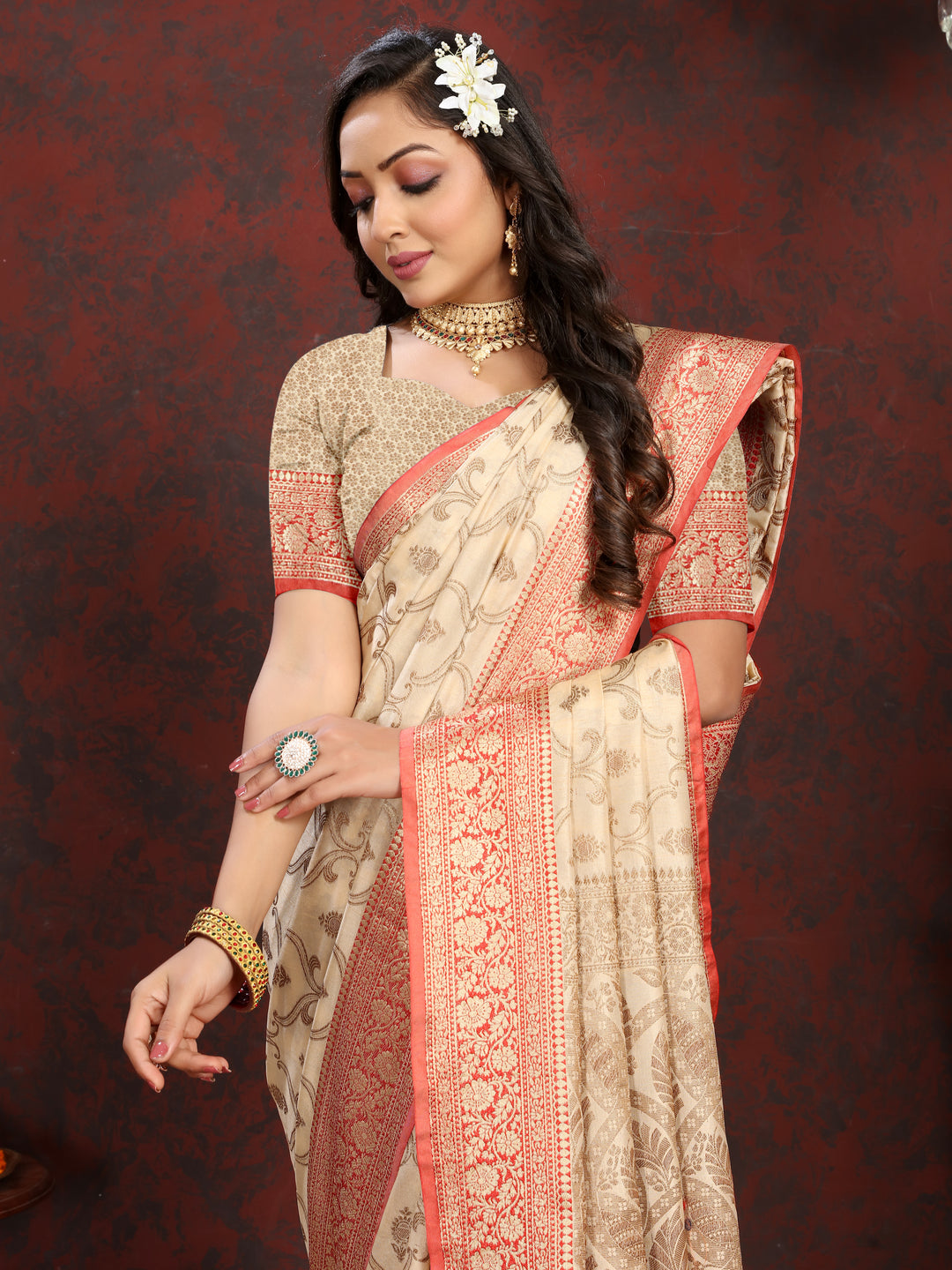 Traditional beige Katan silk saree with matching zari border and intricate pallu design, perfect for weddings.