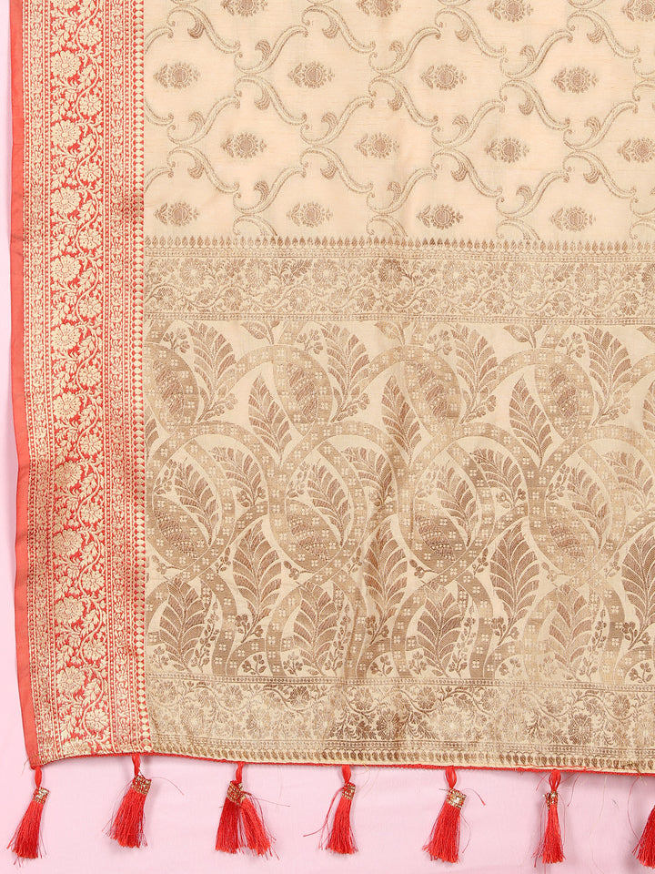 Elegant beige Katan silk saree with intricate zari weaving and matching blouse piece, ideal for weddings and parties.