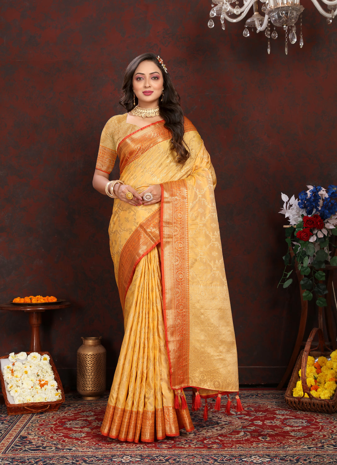 Vibrant mustard yellow Katan silk saree with intricate zari weaving, perfect for weddings and celebrations.