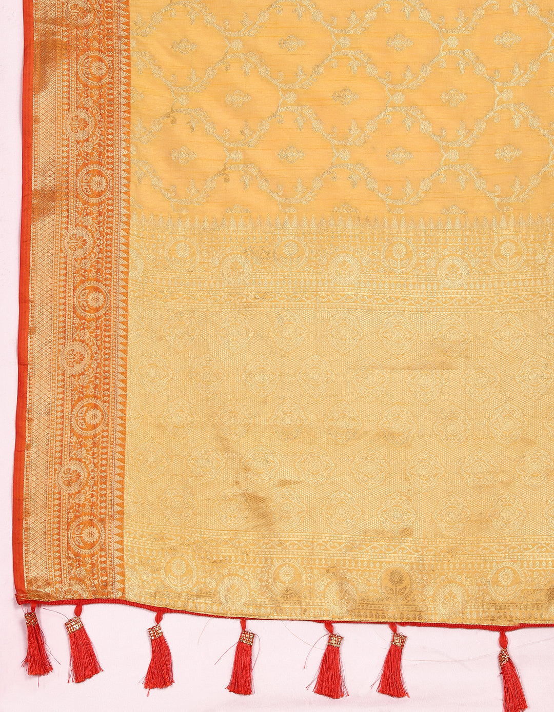 Stunning mustard yellow Katan silk saree with delicate zari weaving, ideal for special celebrations.