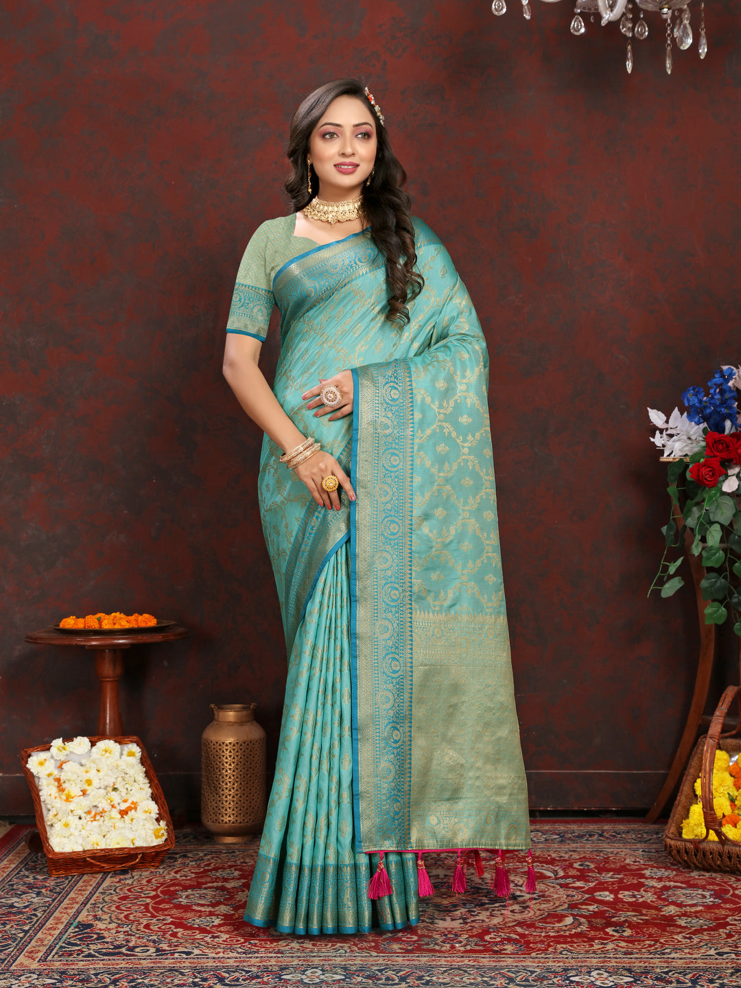 Classic peach Katan silk saree with luxurious zari work, perfect for cultural gatherings.