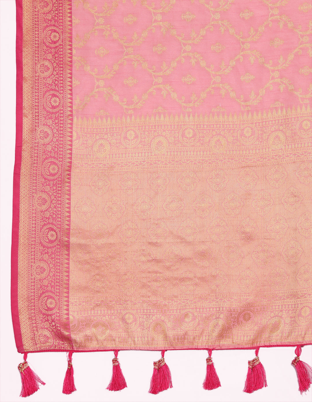 Vibrant pink Katan silk saree featuring beautiful zari detailing, perfect for traditional functions.