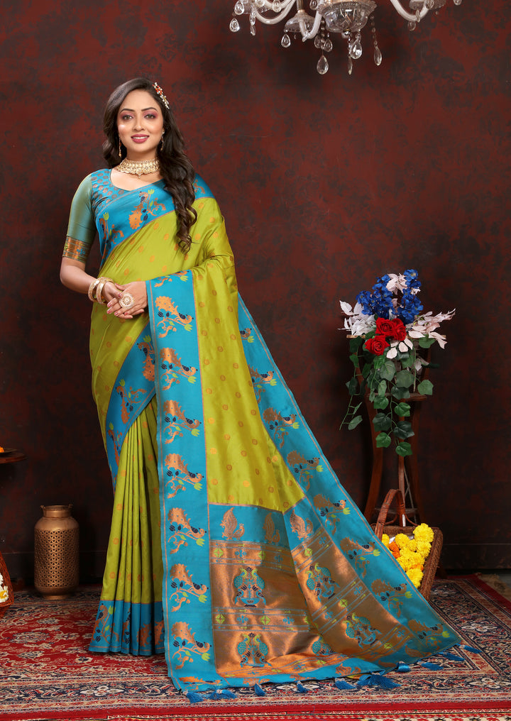 Traditional sea-blue Paithani Saree with zari border, a perfect fit for USA wedding celebrations.