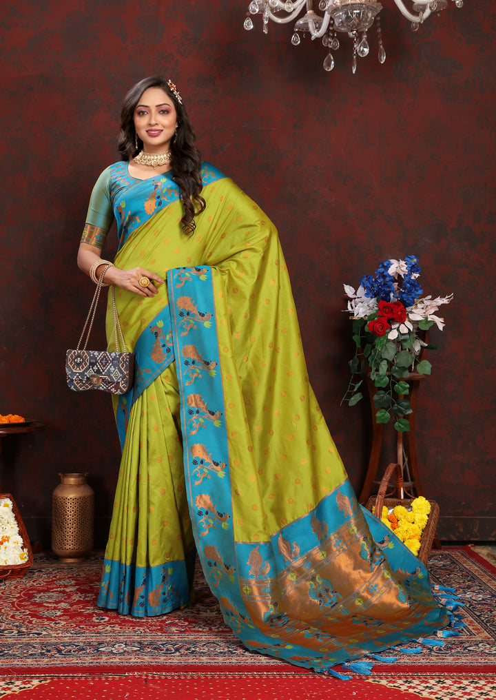 Sea-blue Paithani Saree with contrast zari border, perfect for brides in the USA.