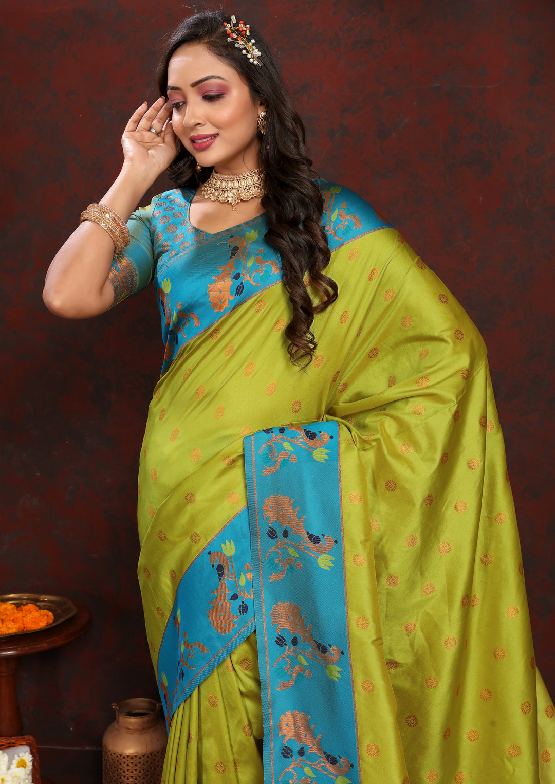 Gorgeous sea-blue Paithani Saree with intricate zari border for elegant USA weddings.