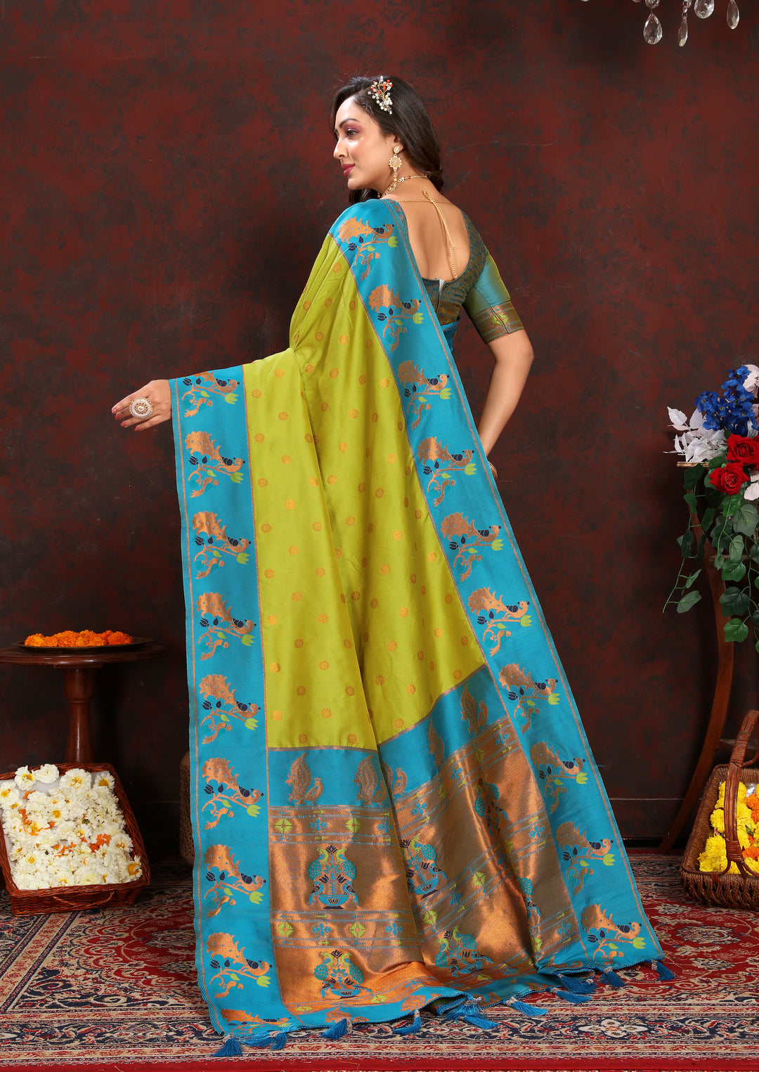 Elegant sea-blue Paithani Saree with zari work, ideal for wedding celebrations in the USA.