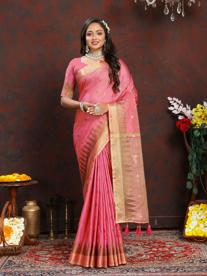 Beautiful Pink Silk Saree with rich zari weaving and stylish pallu tassels for traditional occasions.