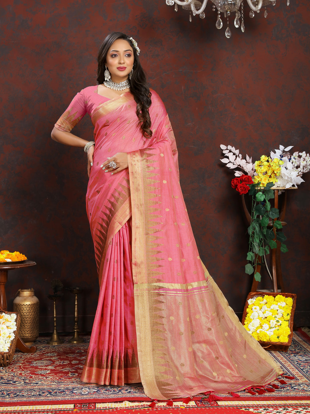 Premium Pink Katan Silk Saree featuring intricate zari weaving and a designer pallu with tassels.