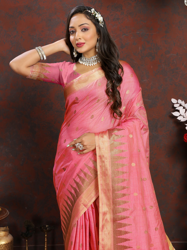 Radiant Pink Silk Saree with delicate zari design and pallu tassels for a festive look.