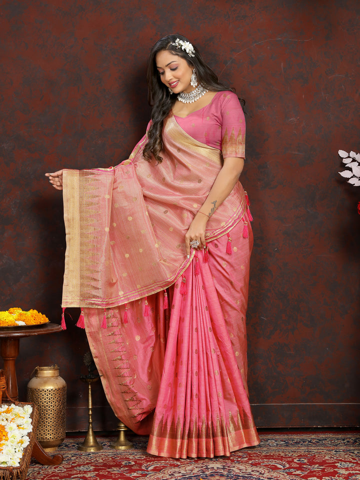 Elegant Pink Katan Silk Saree with detailed zari weaving and pallu tassels for bridal wear.