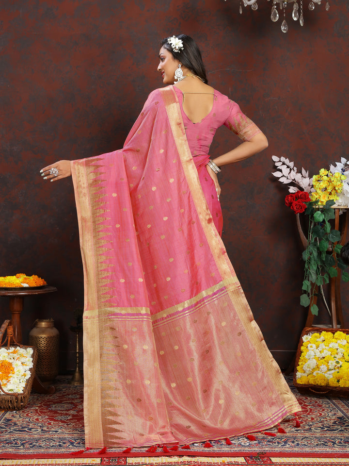 Stunning Pink Silk Saree with intricate zari weaving and a luxurious pallu tassel design for weddings.