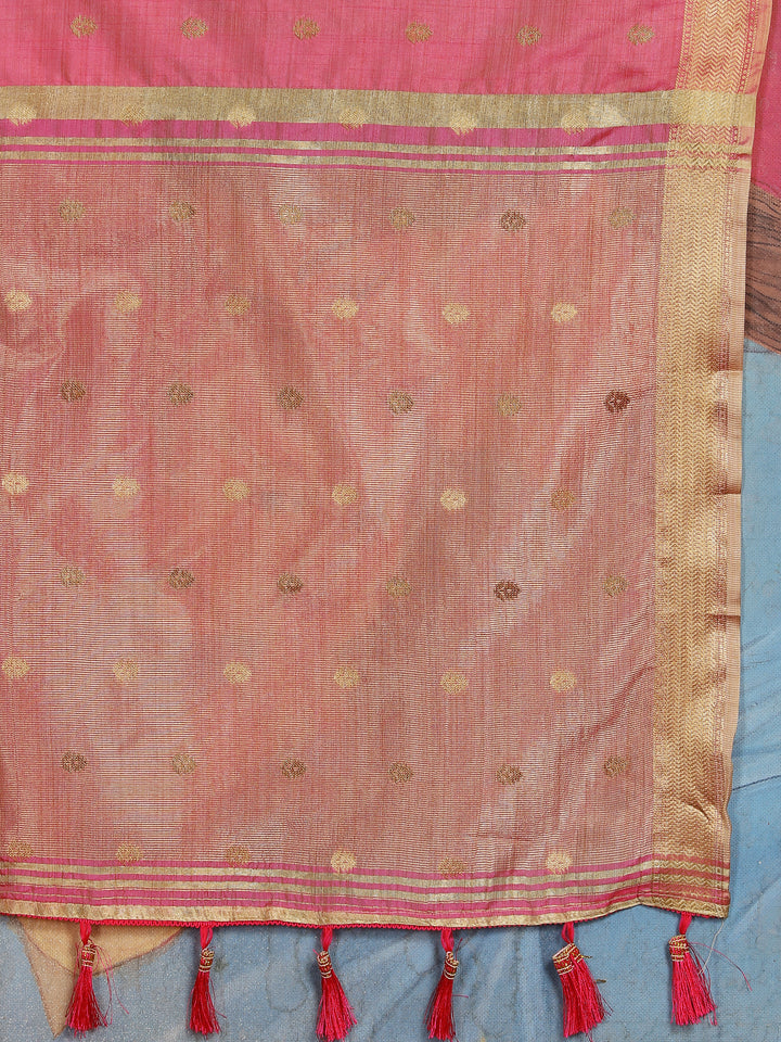 Soft Pink Katan Silk Saree with rich zari details and designer pallu tassels for celebrations.