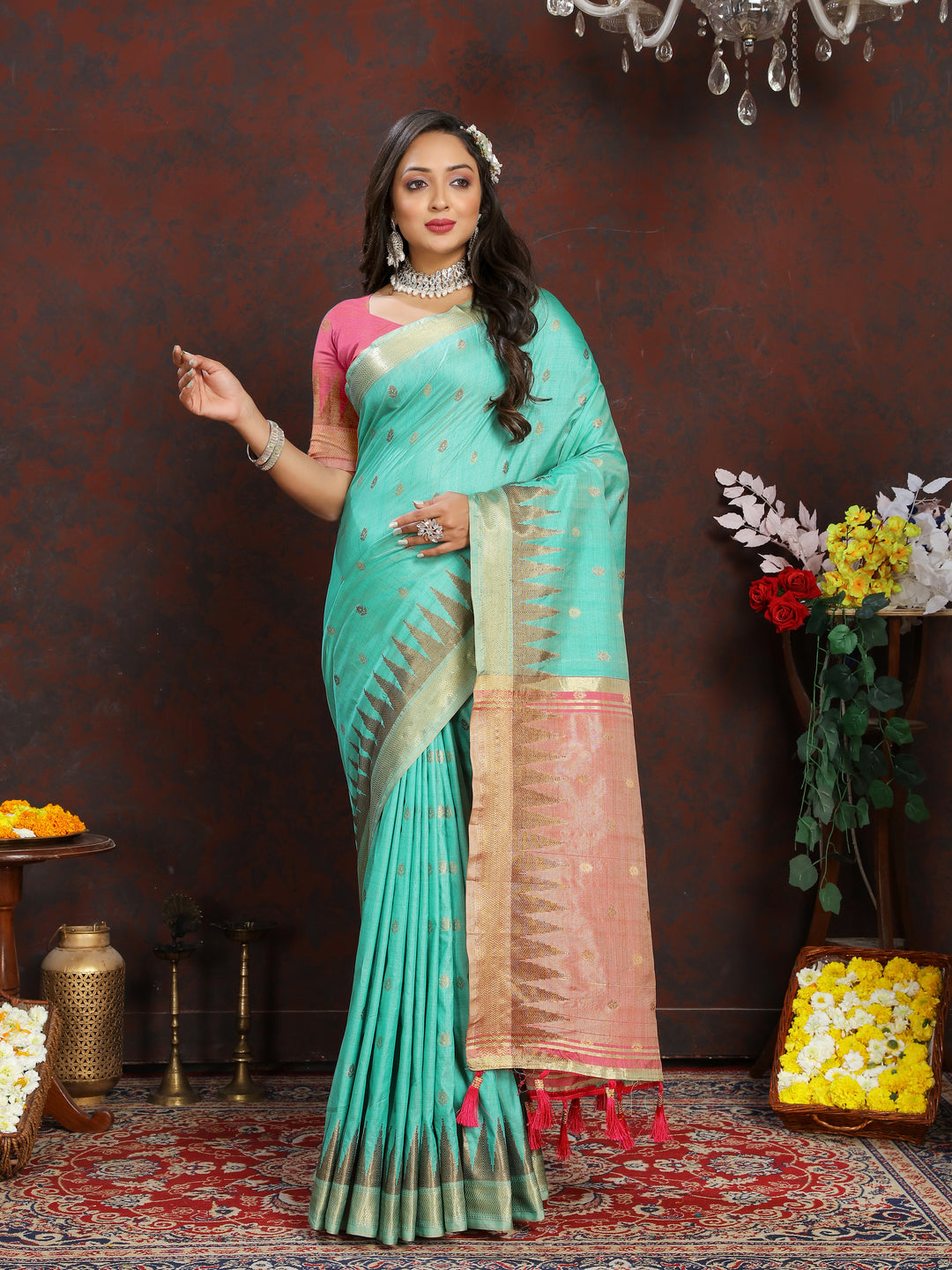 Elegant Sea-Blue Katan Silk Saree with rich zari weaving and pallu tassels for weddings.