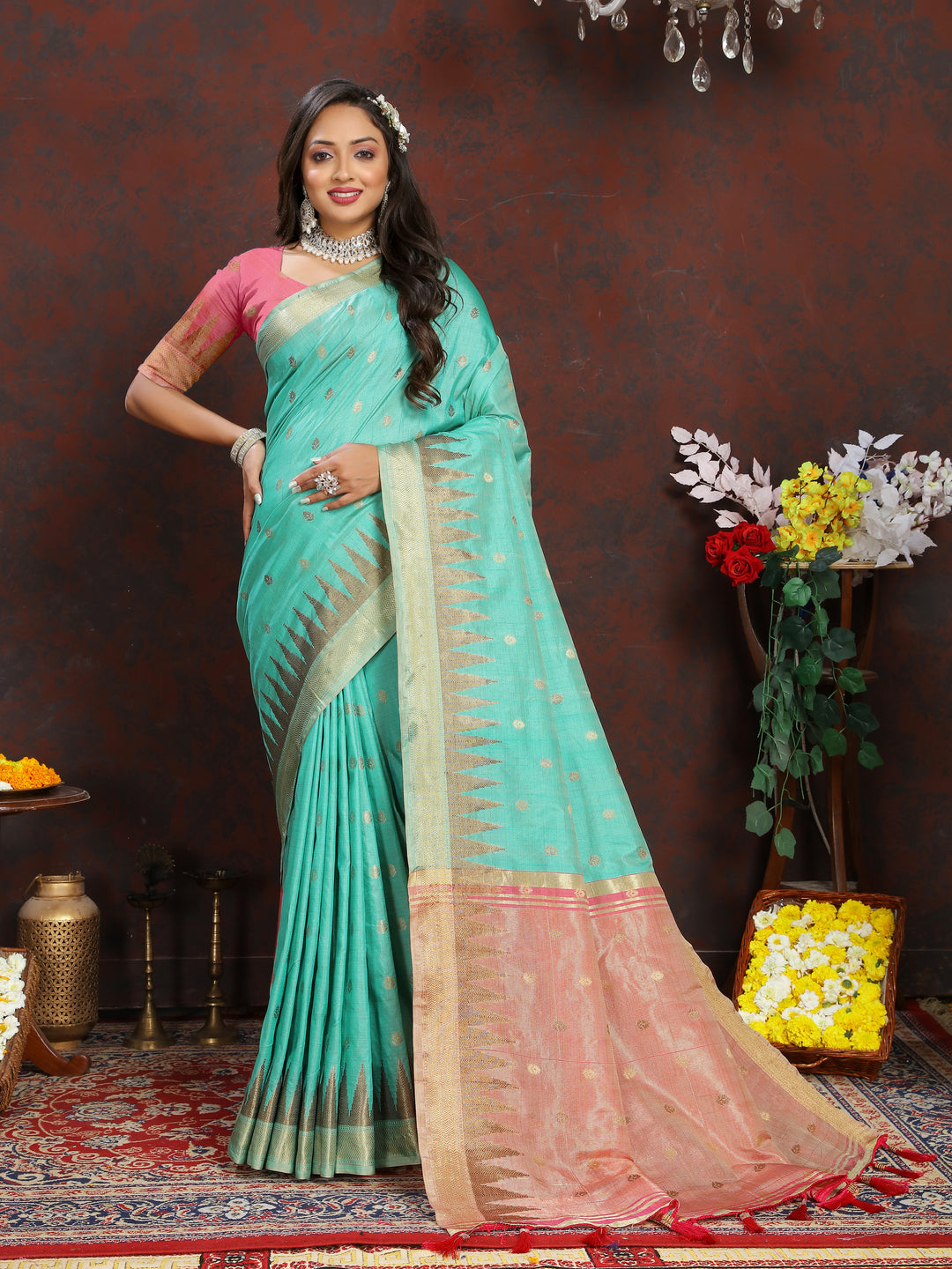 Gorgeous Sea-Blue Silk Saree with intricate zari weaving and a luxurious pallu with tassels for festive events.