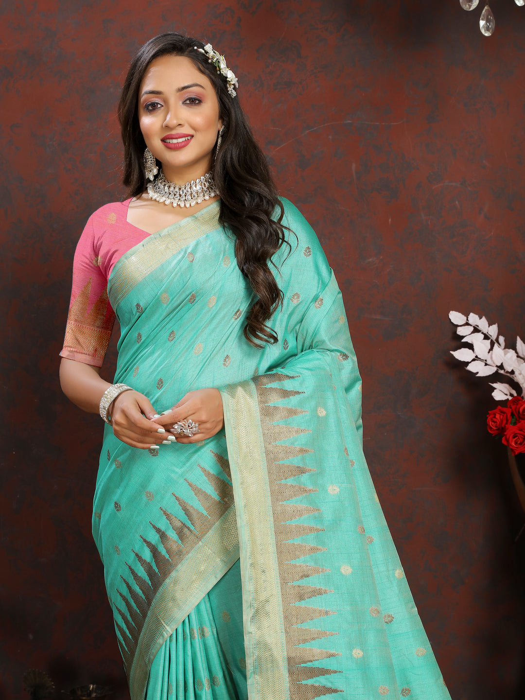 Premium Sea-Blue Katan Silk Saree featuring delicate zari weaving and designer pallu tassels.