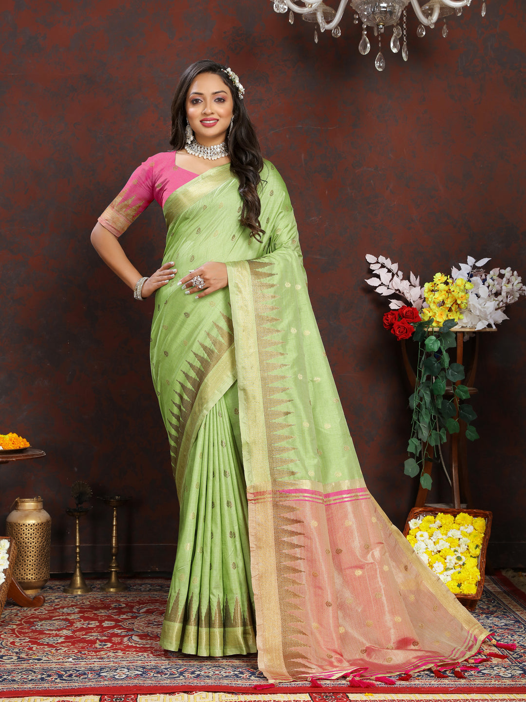 Elegant Light-Green Katan Silk Saree with intricate zari weaving and designer pallu tassels for weddings.