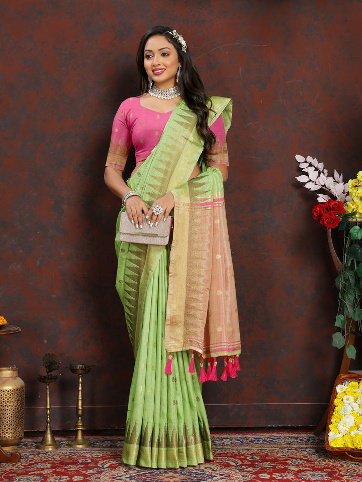 Premium Light-Green Katan Silk Saree featuring intricate zari weaving and a stylish pallu with tassels.