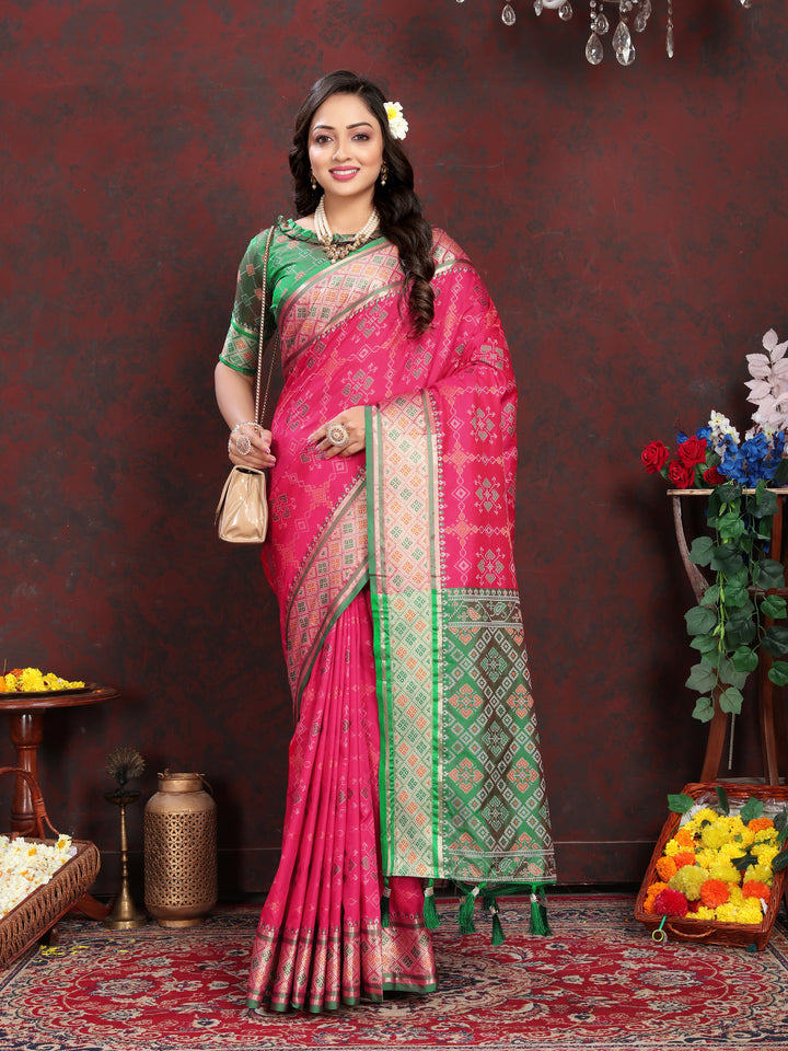 Beautiful Coral-Pink Silk Saree featuring intricate meenakari work and a stylish pallu for festive events.