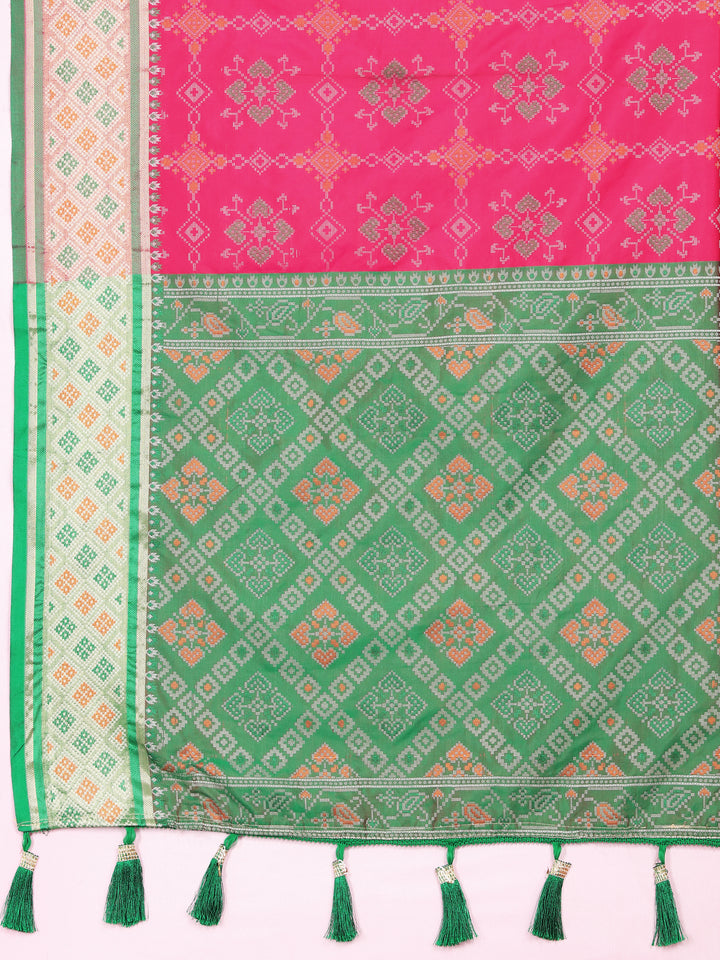 Gorgeous Coral-Pink Silk Saree with dazzling meenakari and dreamy pallu style for festive celebrations.