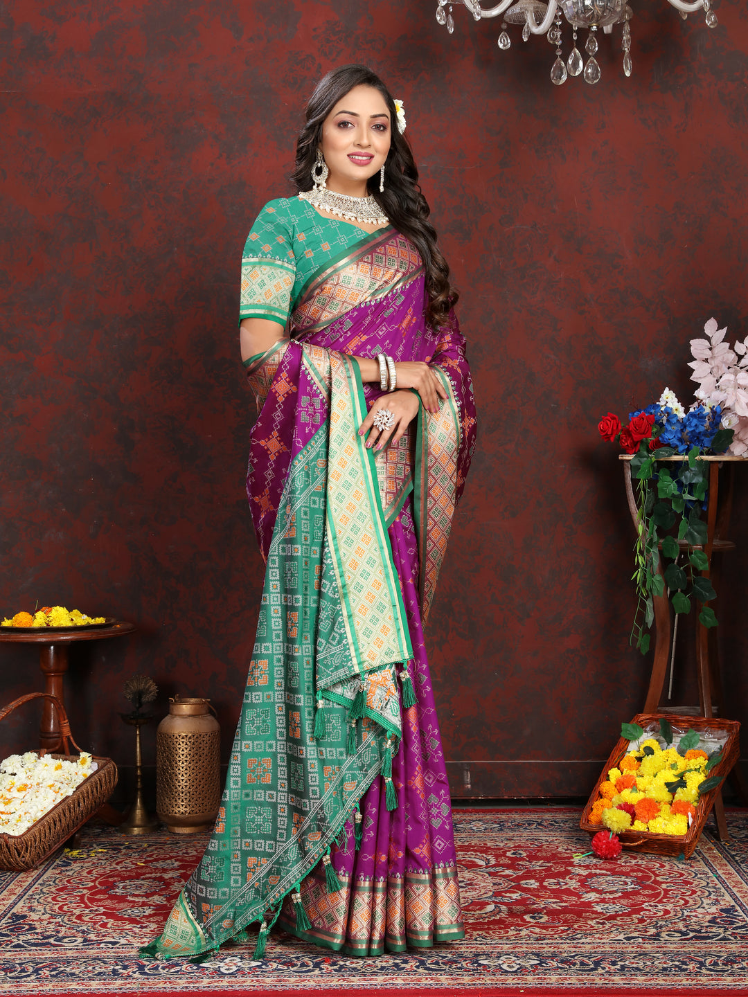 Elegant Purple Patola Silk Saree with dazzling meenakari details and a unique pallu style for celebrations.