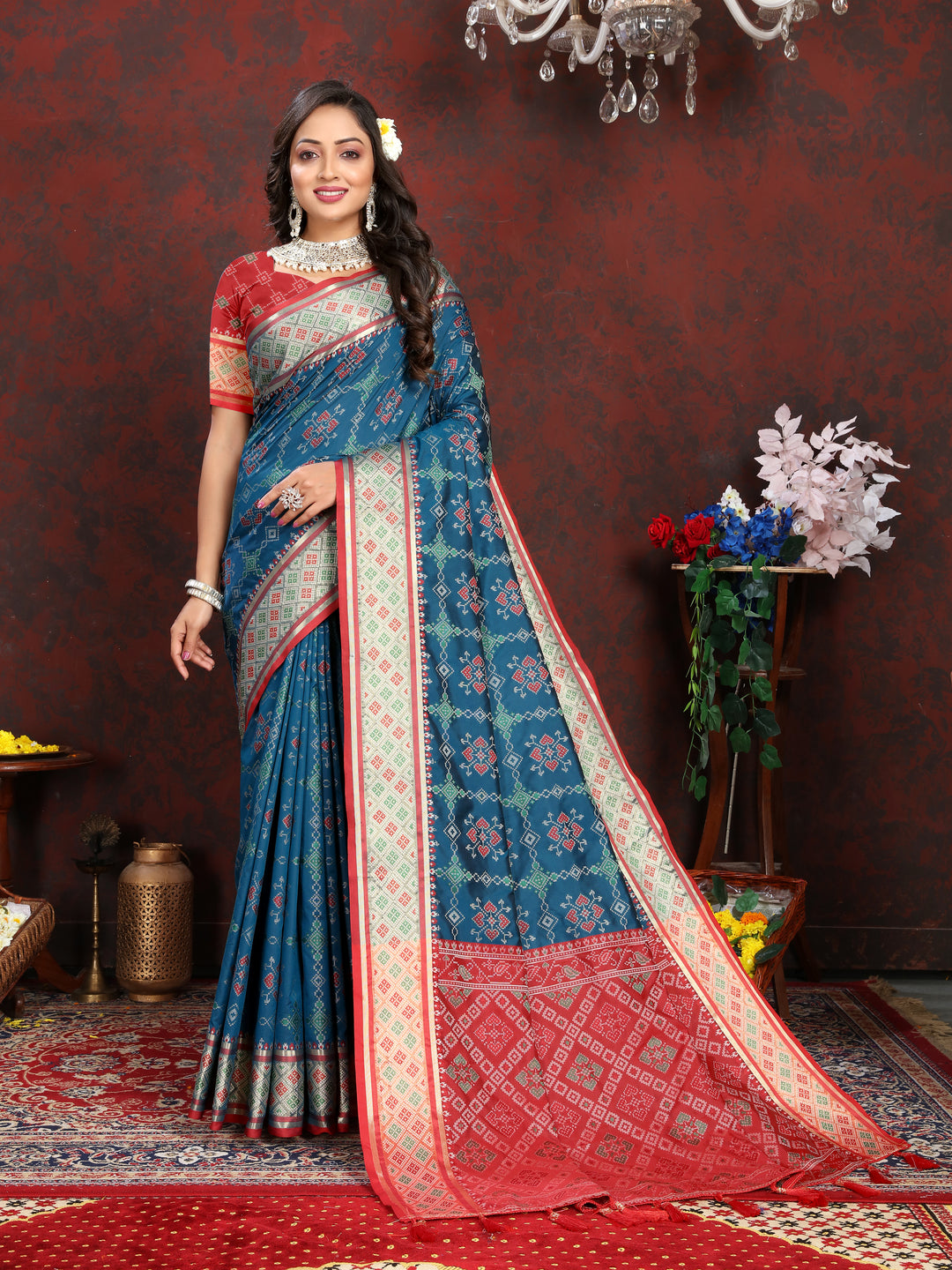 Gorgeous Teal-Blue Silk Saree with dazzling meenakari design and elegant pallu style for weddings.