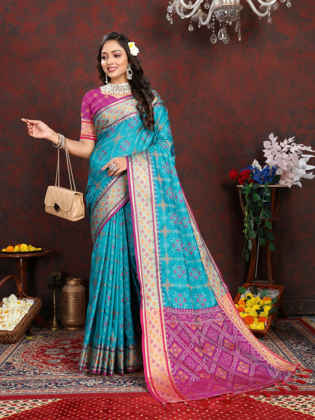 Elegant Sea-Blue Patola Silk Saree with intricate meenakari work and dreamy pallu design for weddings.