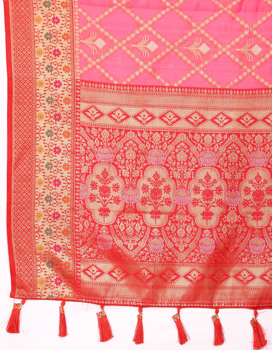 Sophisticated bright pink Organza sari with rich detail, paired with a matching blouse piece for weddings.