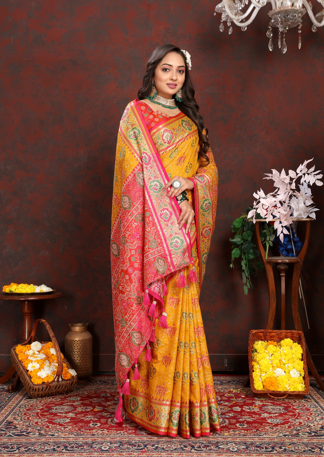 Premium Mustard-Yellow Patola Silk Saree featuring rich meenakari work and a designer blouse for weddings.