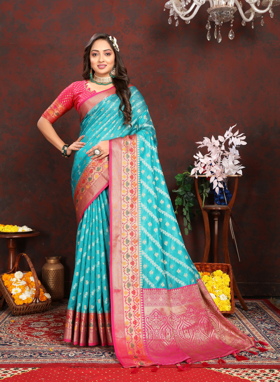 Elegant sea blue soft organza saree with intricate designs and matching blouse piece, ideal for traditional events.