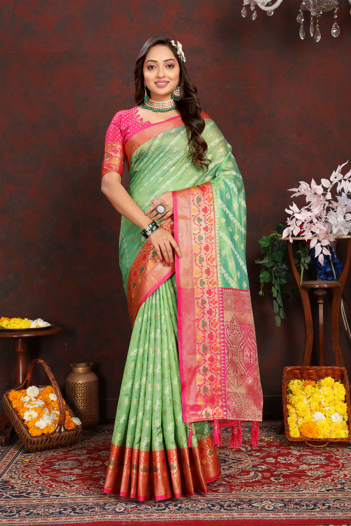 Stunning pista green organza saree with intricate designs, complemented by a matching blouse piece, perfect for festive events.