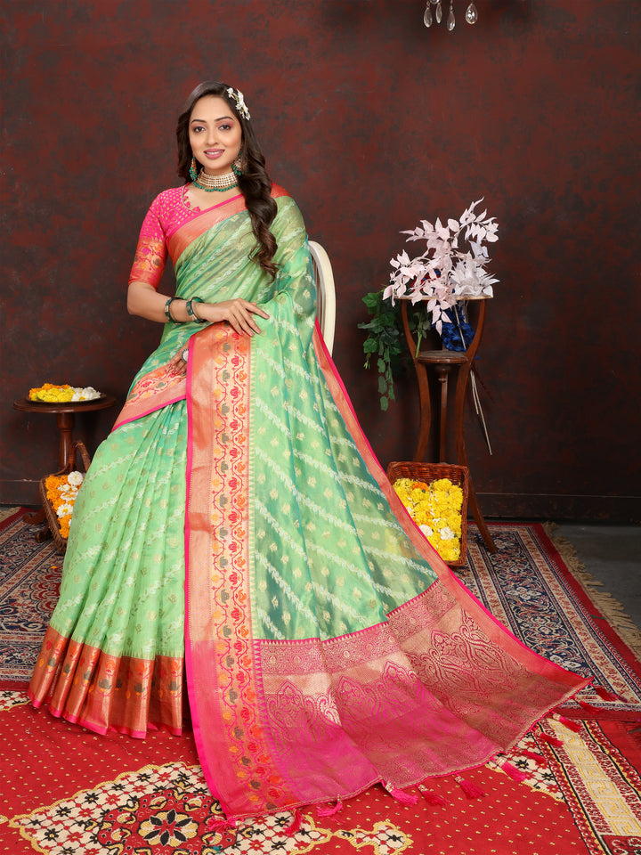 Beautiful pista green organza saree featuring delicate embroidery and a matching blouse piece, ideal for traditional celebrations.